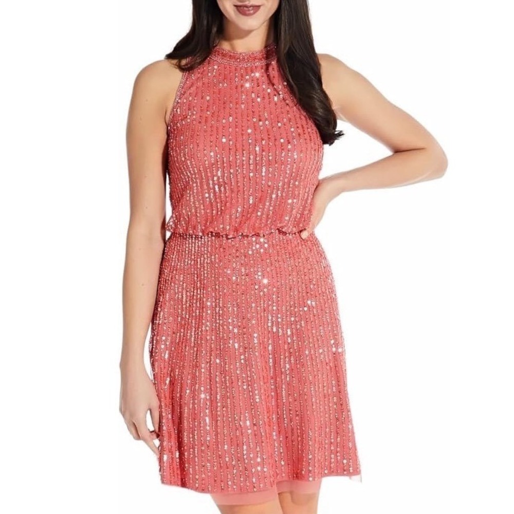 Adrianna Papell Coral Sequin Halter Cocktail Dress
